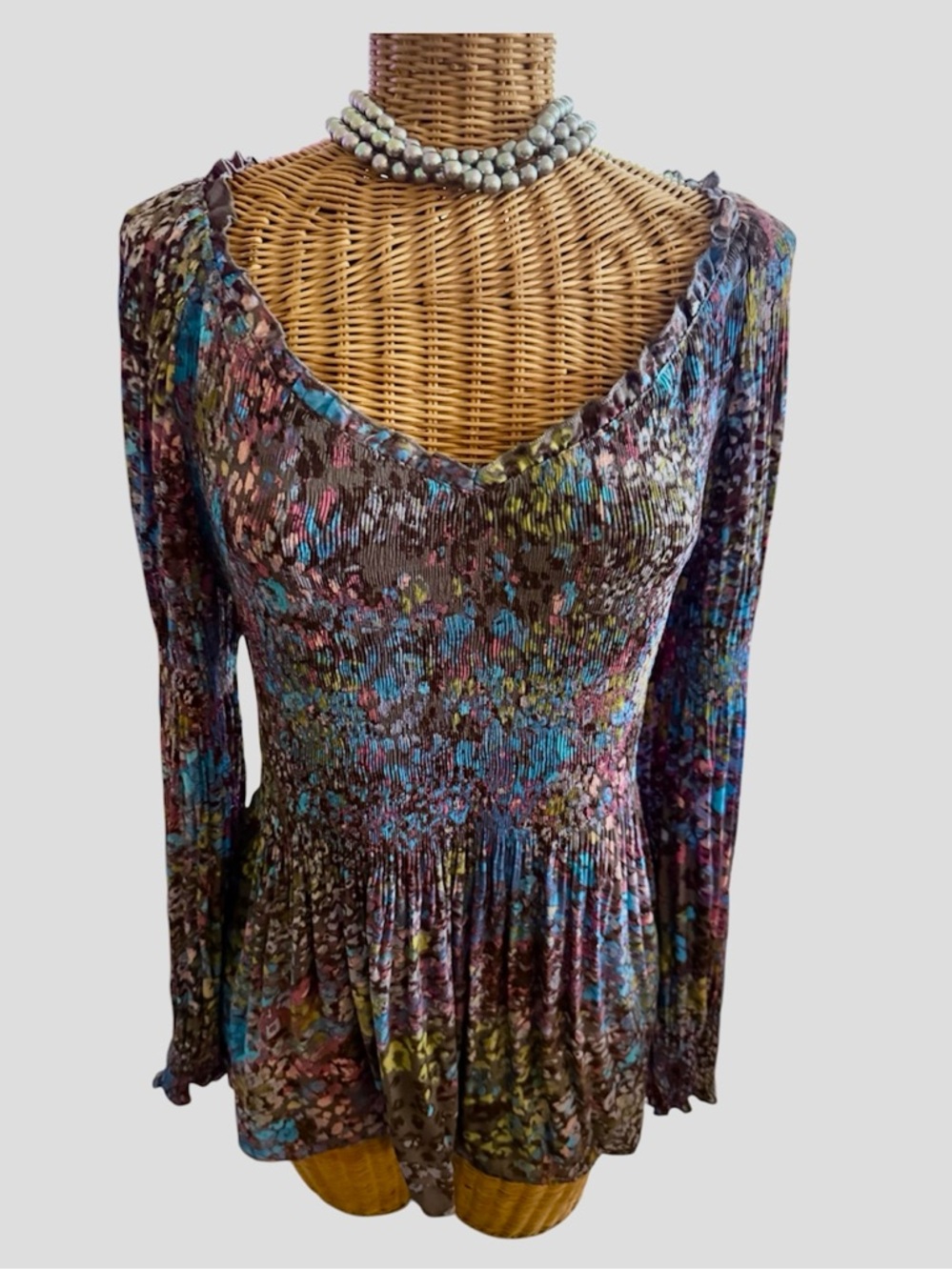 Sunny Leigh Crinkle Ruffle Blouse Paisley Fairy Grunge Bohemian Purple Blue Med.